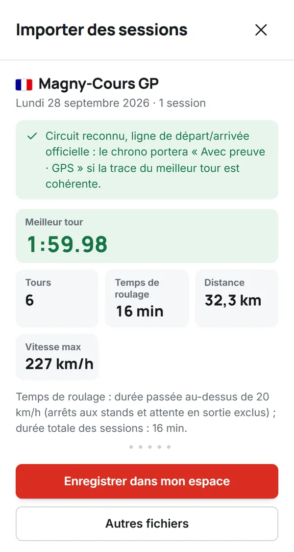Résumé de l'import sur Trackday.Place : circuit, meilleur tour, tours et temps de roulage